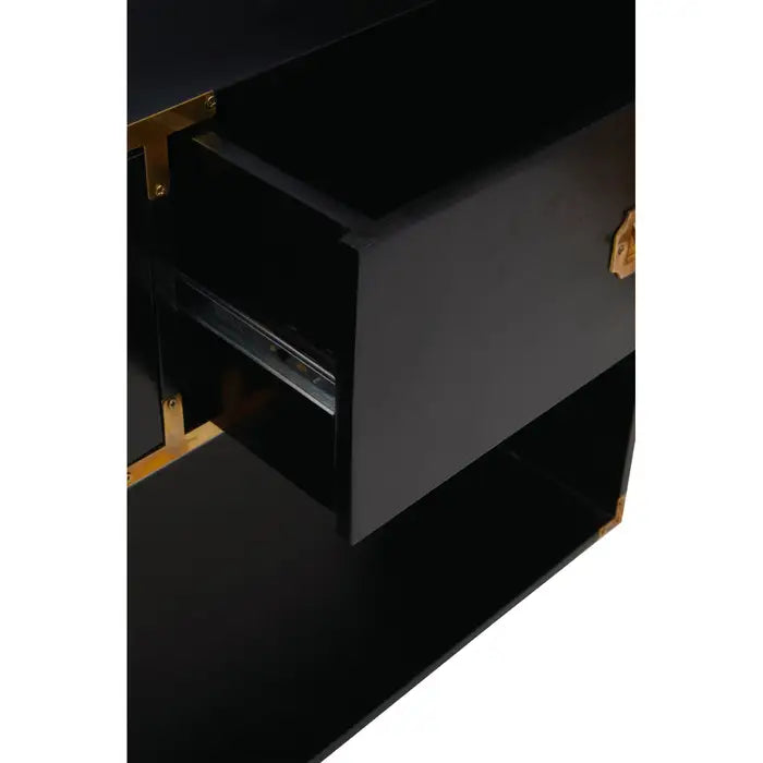 Close up - black mango wood console table with gold finishings and two drawers