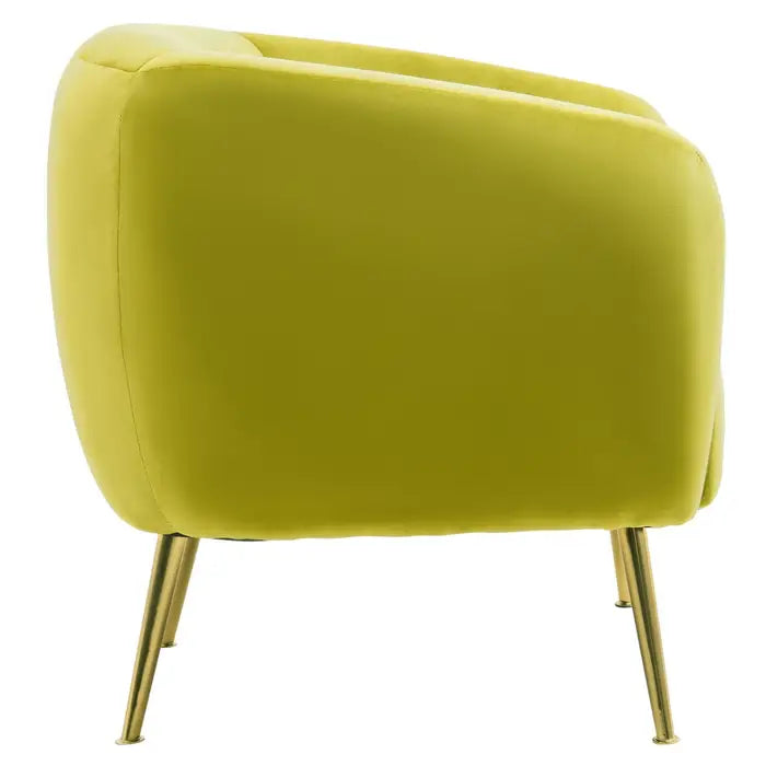 Yasmeen Armchair - Side view Olive Green velvet chair with gold finished metal legs