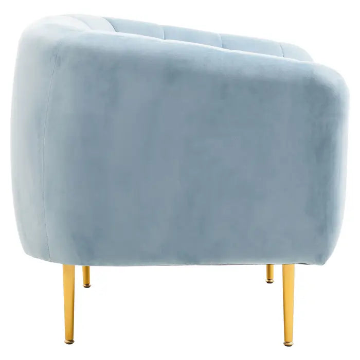 Yasmeen Armchair - Side view Powder blue velvet chair with gold finished metal legs