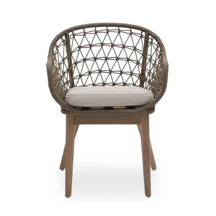 OPUS outdoor chair, hand woven feature with rounded profile and open frame textured back. Foam grey padded seat.