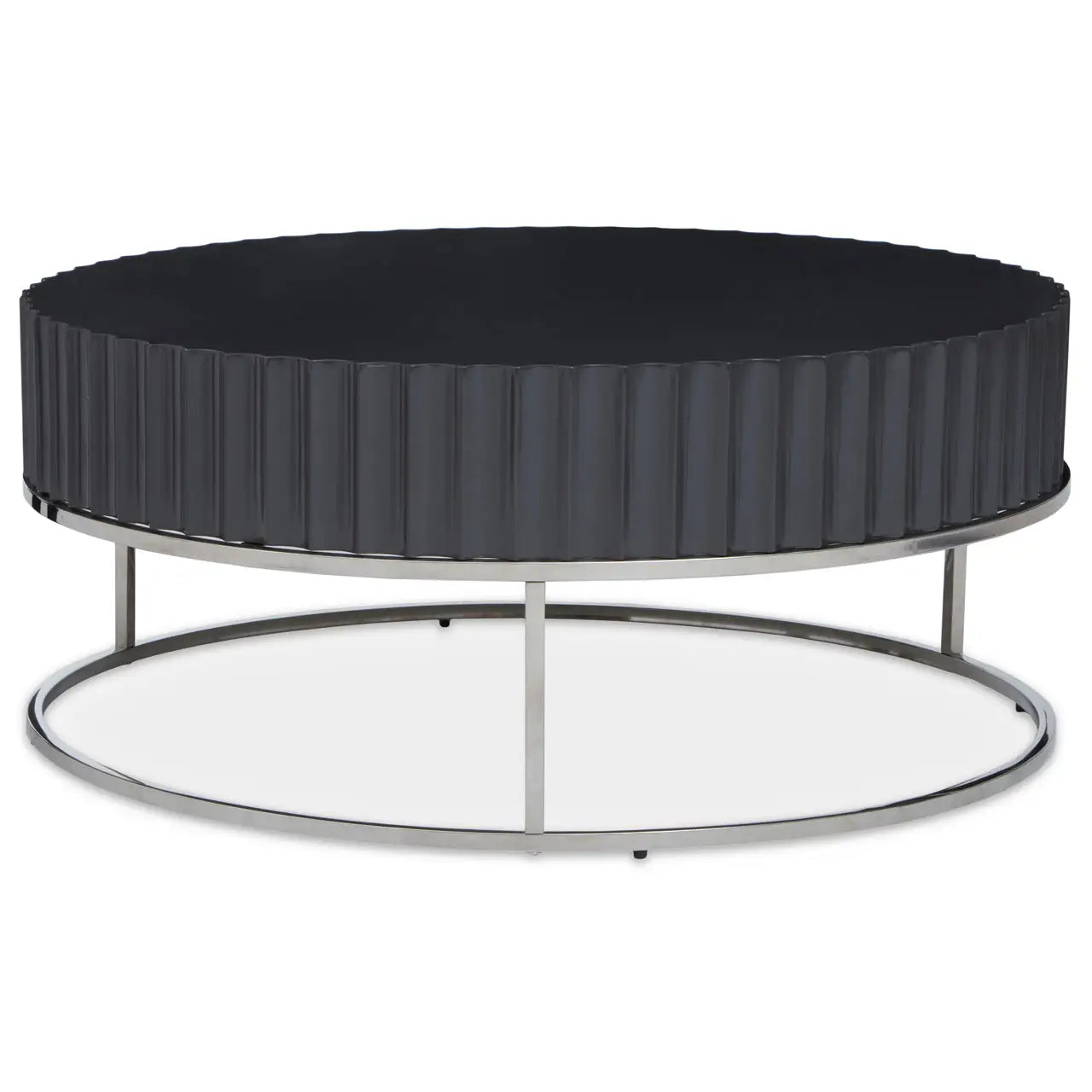 Grey finish round coffee table with fluted carvings and polished stainless steel frame legs