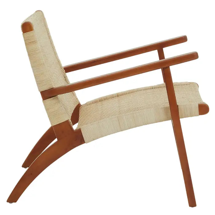 Java Woven Chair in Natural Rattan - Side view Solid wood frame armchair with natural colour woven rattan seat and backrest