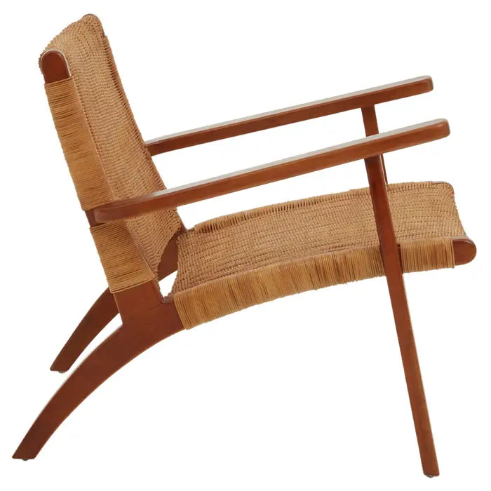 Java Woven Chair in Brown Rattan - Side view Solid wood frame armchair with brown colour woven rattan seat and backrest