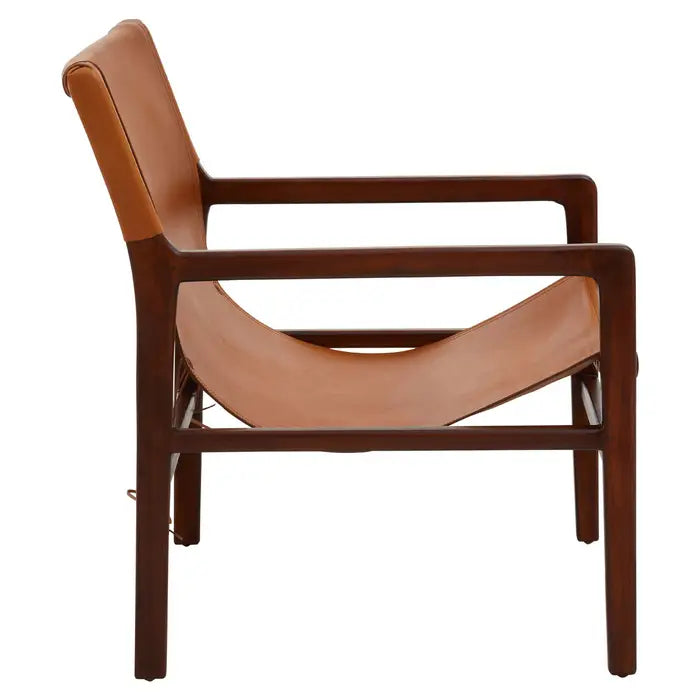 Inca Sling Chair - Side view Brown genuine leather sling seat and back with solid teak frame 