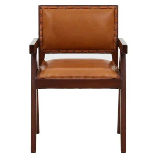 Inca Large Angular chair - Tan genuine leather armchair with metallic studs trim and solid teak wood frame