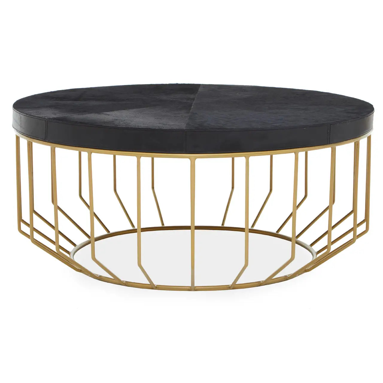 Kensington Townhouse black hair on hide round coffee table, with a gold iron geometric fram