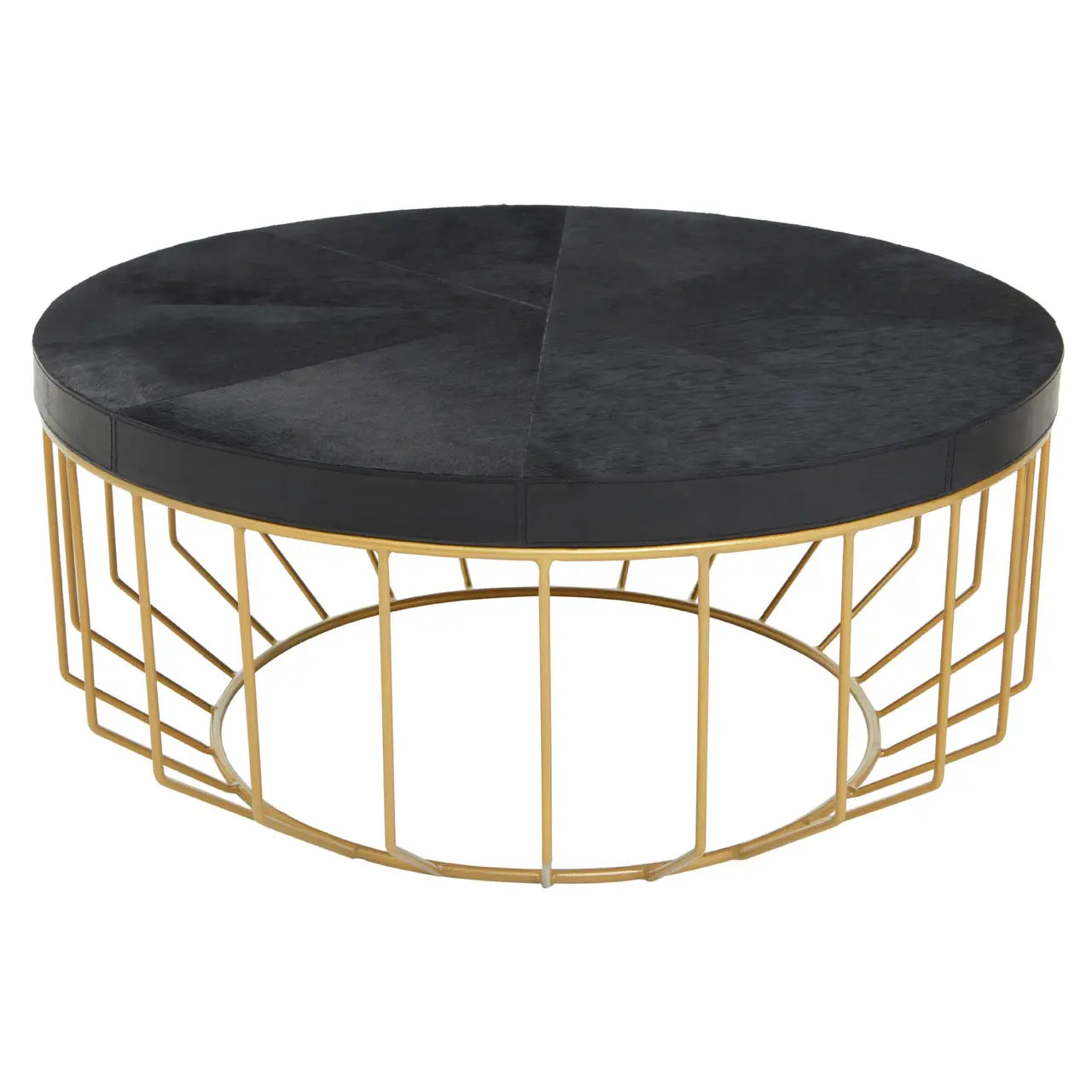 Kensington Townhouse black hair on hide round coffee table, with a gold iron geometric fram