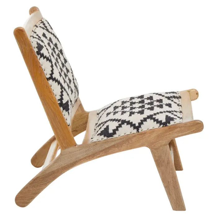 The Cefena chair - Side view Mango wood frame, with upholstered seat and backrest with geometric patterns