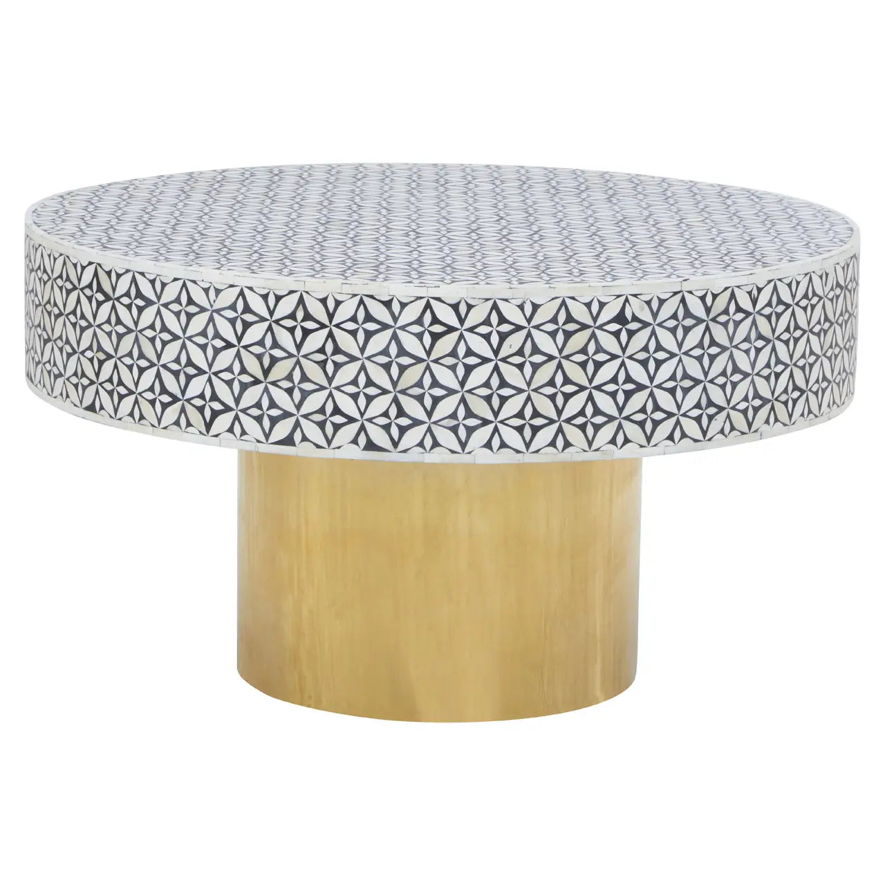 This round coffee table with exquisite bone inlay detail and a luxe, gold finish base