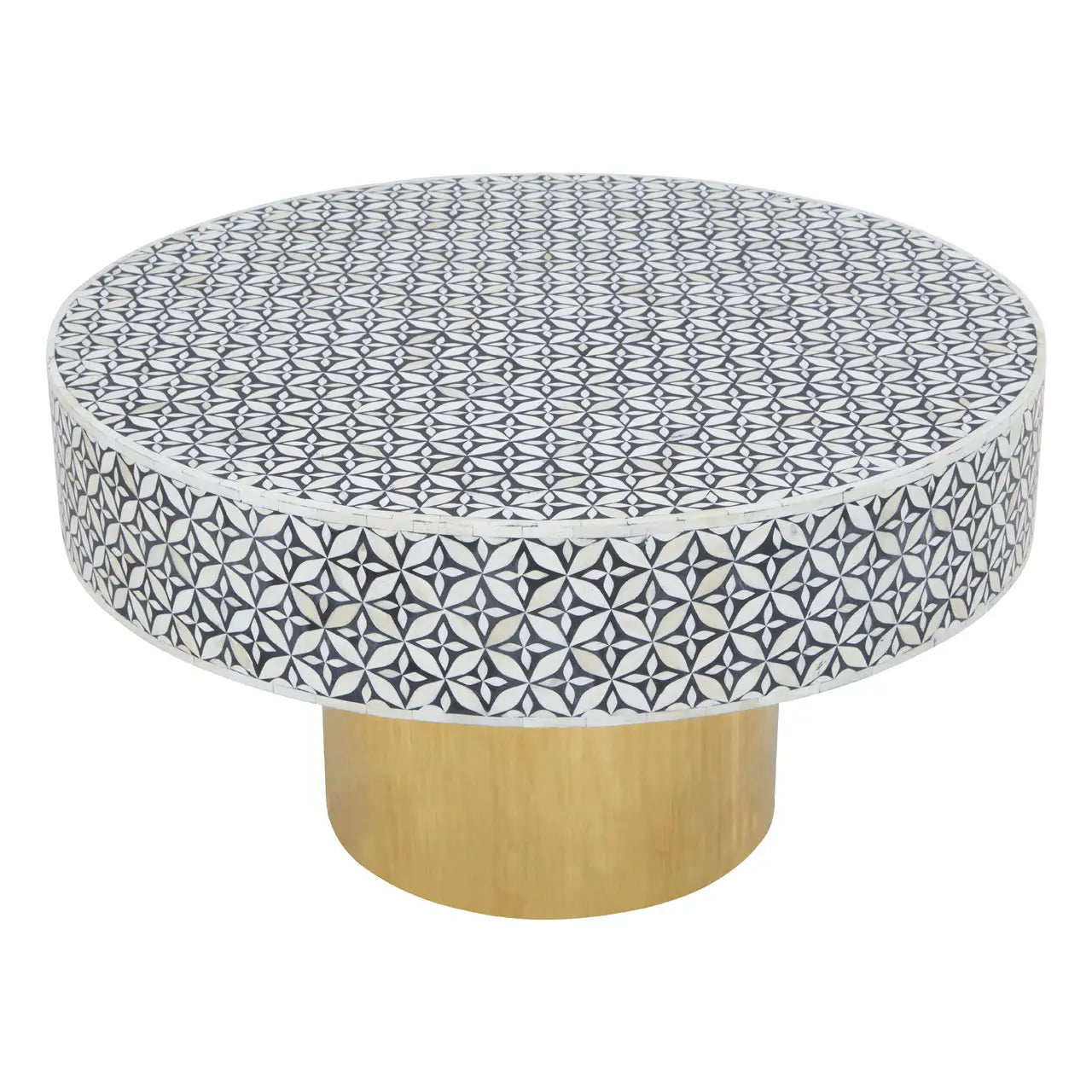 This round coffee table with exquisite bone inlay detail and a luxe, gold finish base