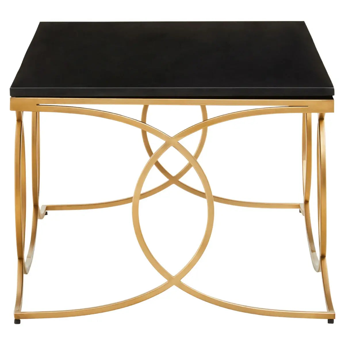 Side view- The Kia coffee table has a black marble top on a striking gold finish stainless steel frame