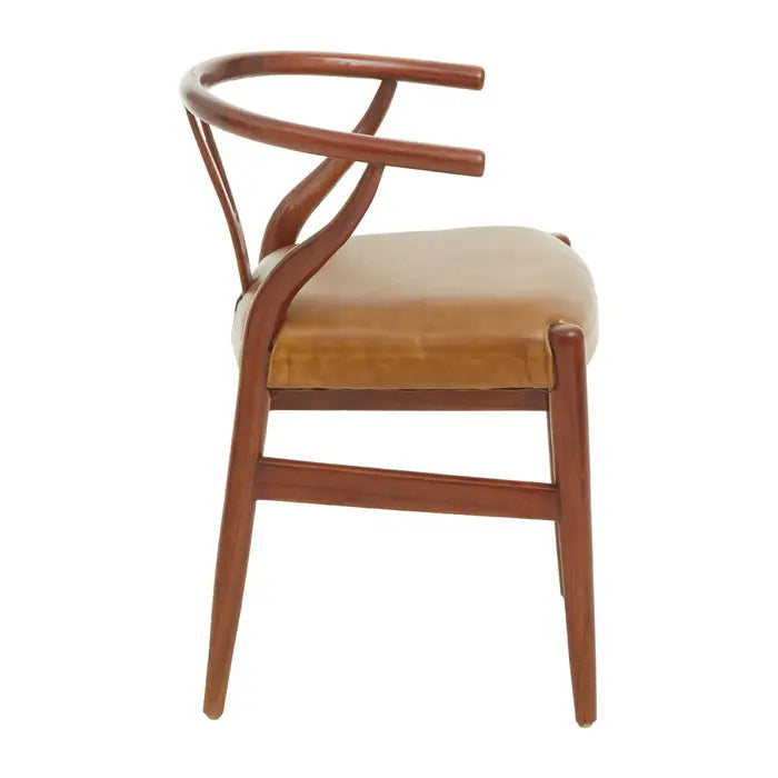 Kendari Cow Camel Leather chair - Side view Brown teak frame with camel cow leather seat