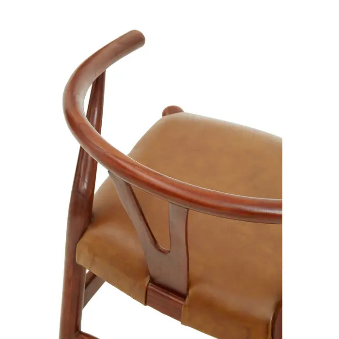 Kendari Cow Camel Leather chair - Close up of Brown teak frame with camel cow leather seat