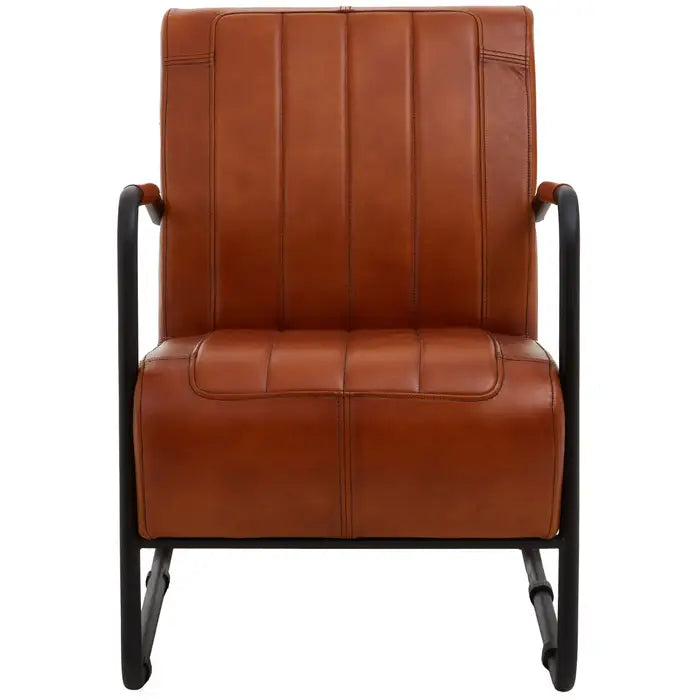 Buffalo tan leather chair - genuine tan leather upholstered seat with black iron frame 