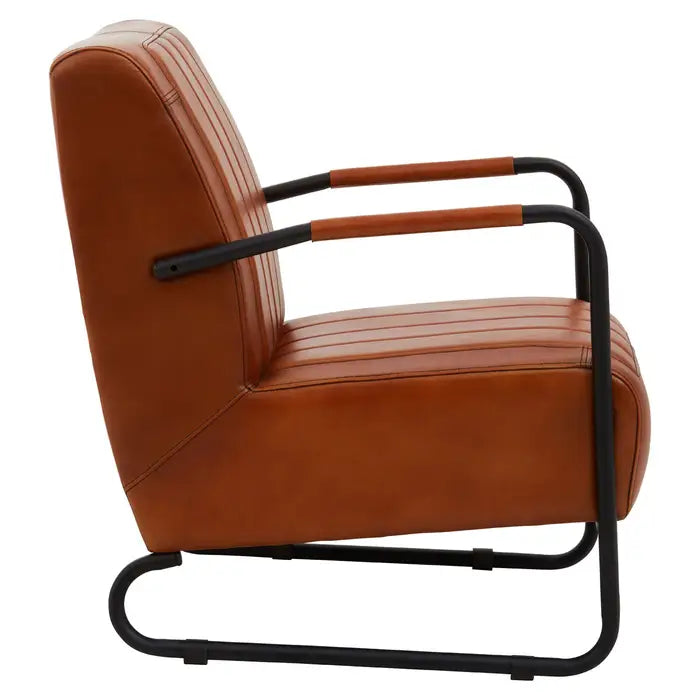 Buffalo tan leather chair - Side view genuine tan leather upholstered seat with black iron frame 