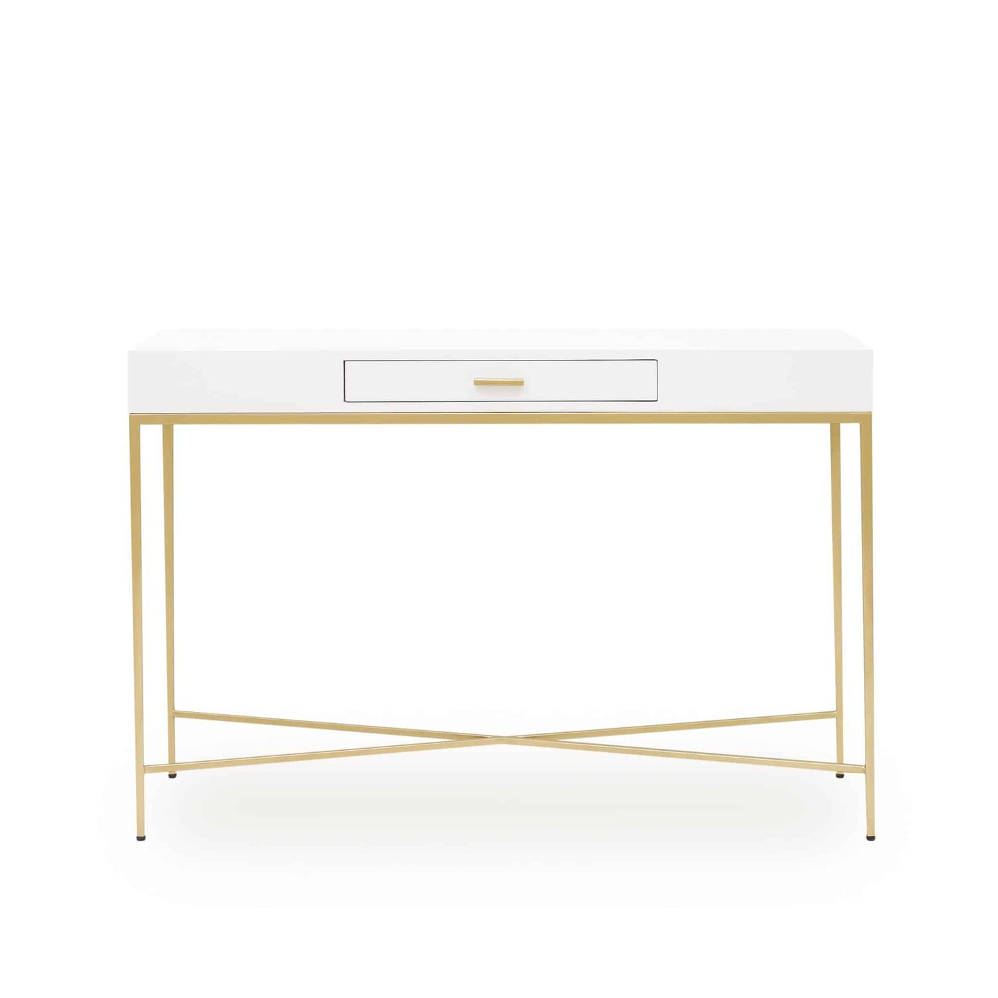 One drawer white console table, 50% high gloss finish, fine tapered gold finished legs, metal runners on drawers, gold finish bar handle