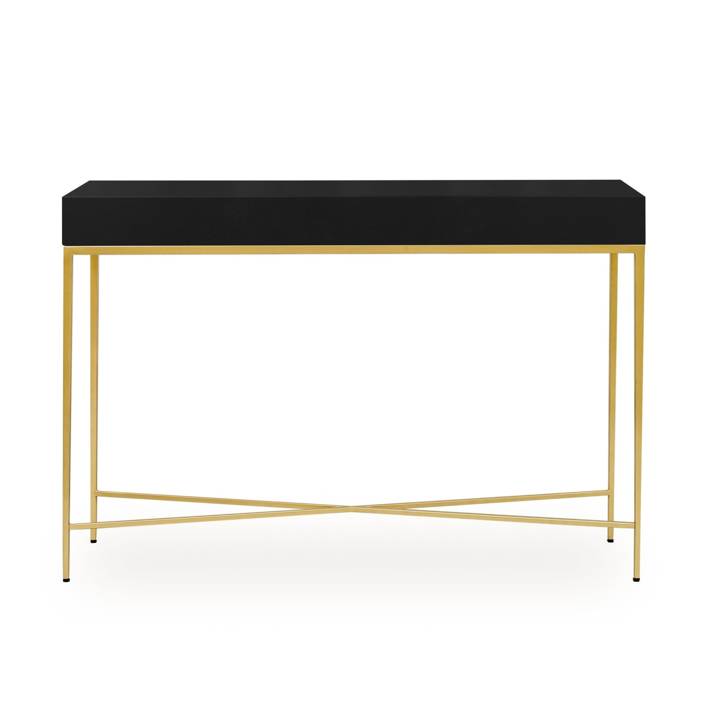 One drawer black console table, 50% high gloss finish, fine tapered gold finished legs, metal runners on drawers, gold finish bar handle